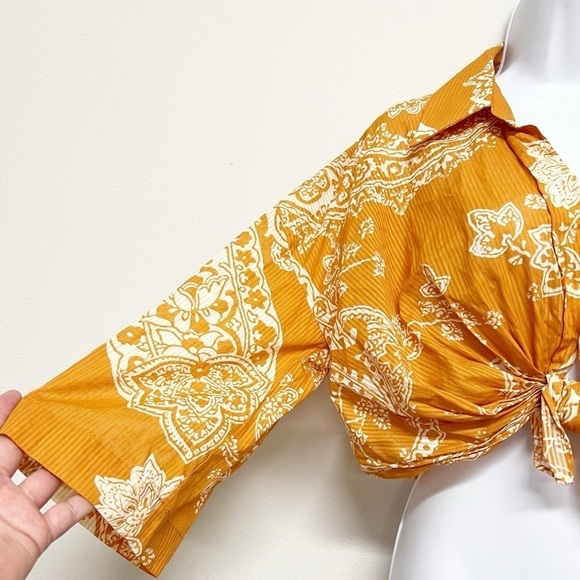 Zara Womens Orange Paisley Print Knotted Crop Top Button Up Blouse Size S - Picture 6 of 8